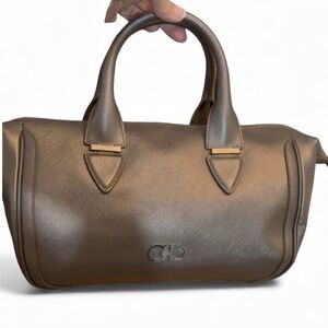 Ferragamo Metallic Platinum Gray Leather Satchel Boston Bag w/Silver Gancini EUC